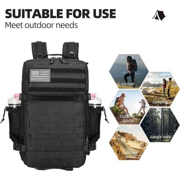 Tactical Assault Backpack 45L Waterproof Molle Military Hiking Travel Bag Black - Picture 5 of 7